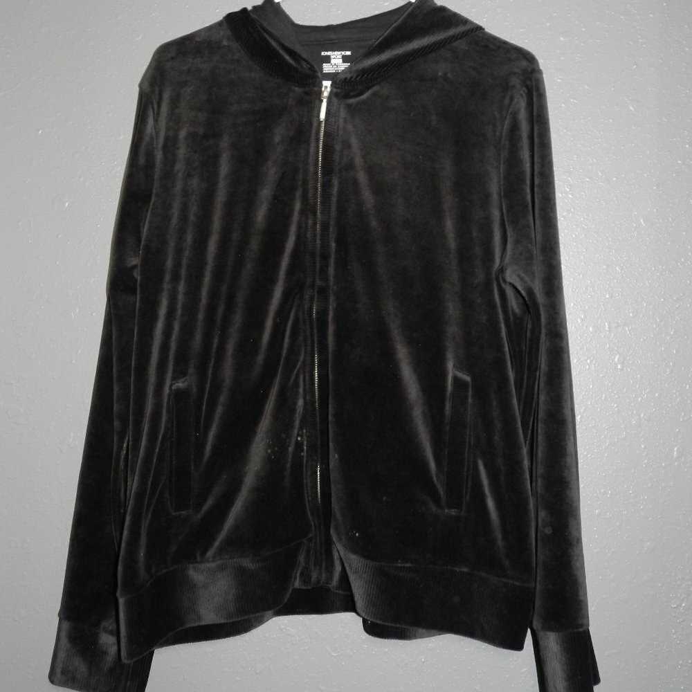 Jones New York Womens Black Distressed Hooded Zip Up Sport Velour Jacket Size XL